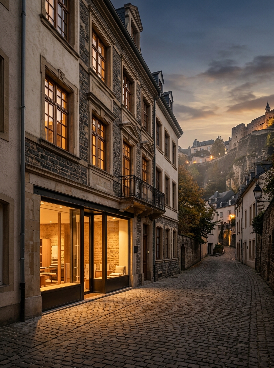 Façade de l'atelier au crépuscule, rue Münster, Luxembourg-Grund
