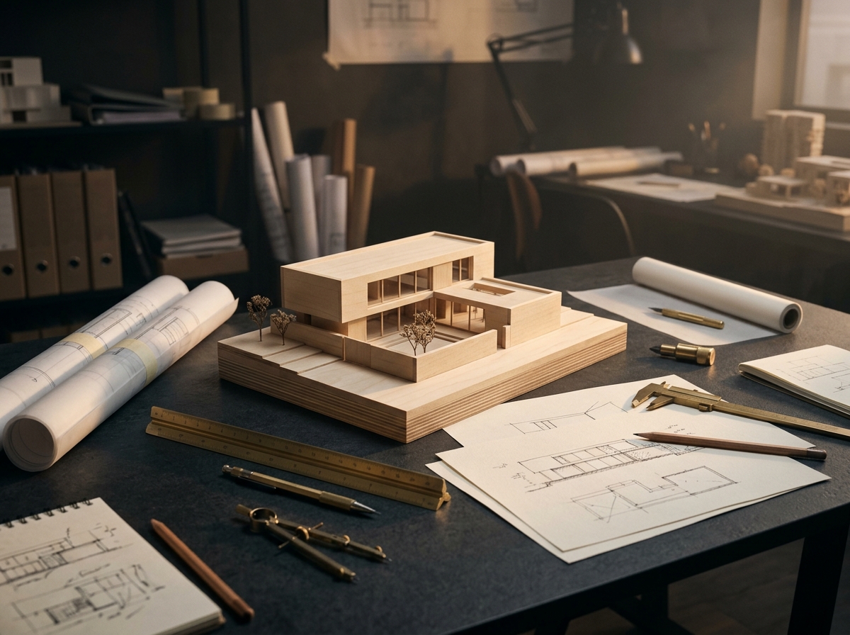 Table de travail de l'atelier : maquette de villa en bois clair, rouleaux de plans et instruments en laiton