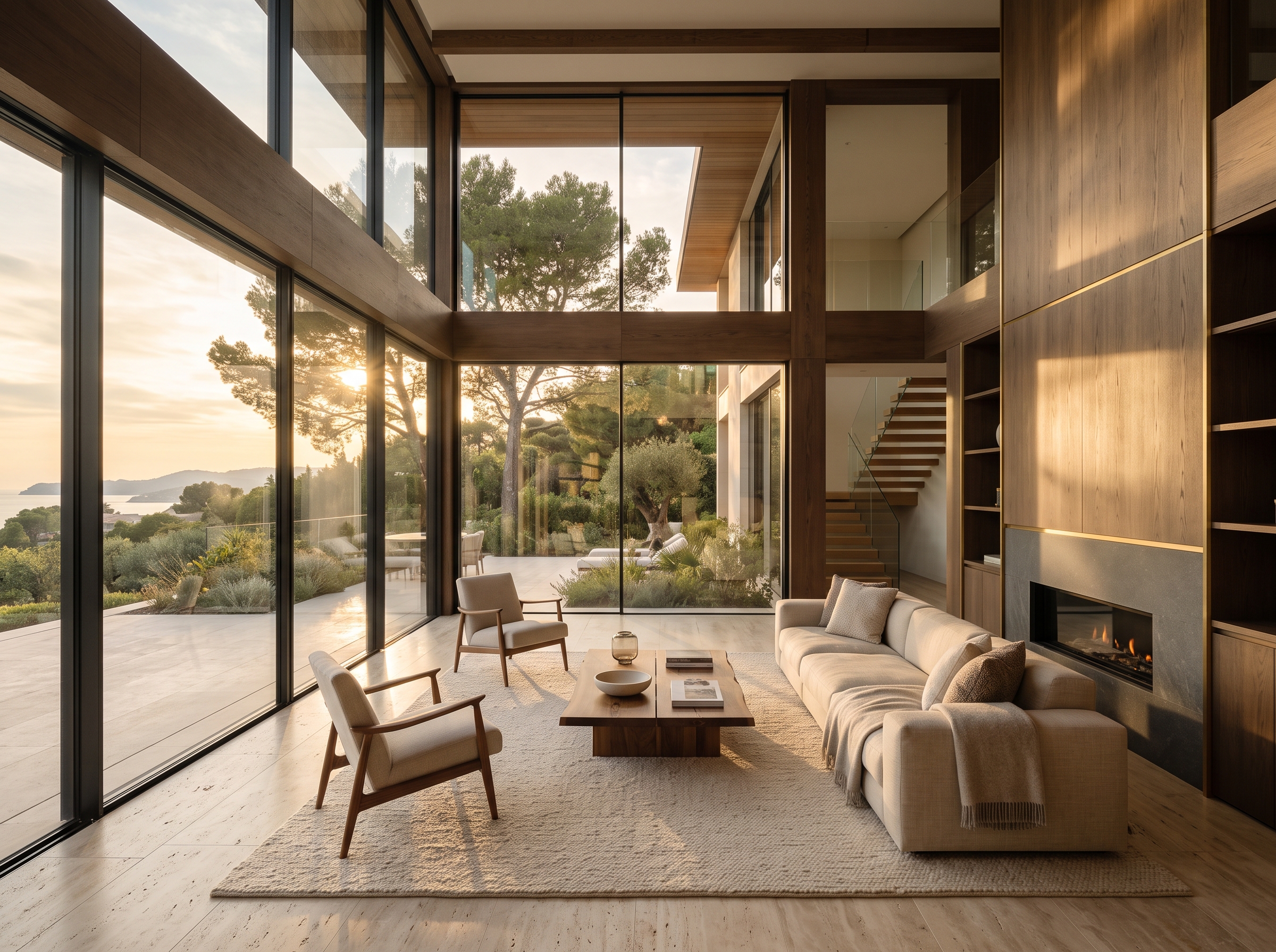 Séjour double hauteur d'une villa bioclimatique, rayons de soleil d'hiver sur sol en travertin