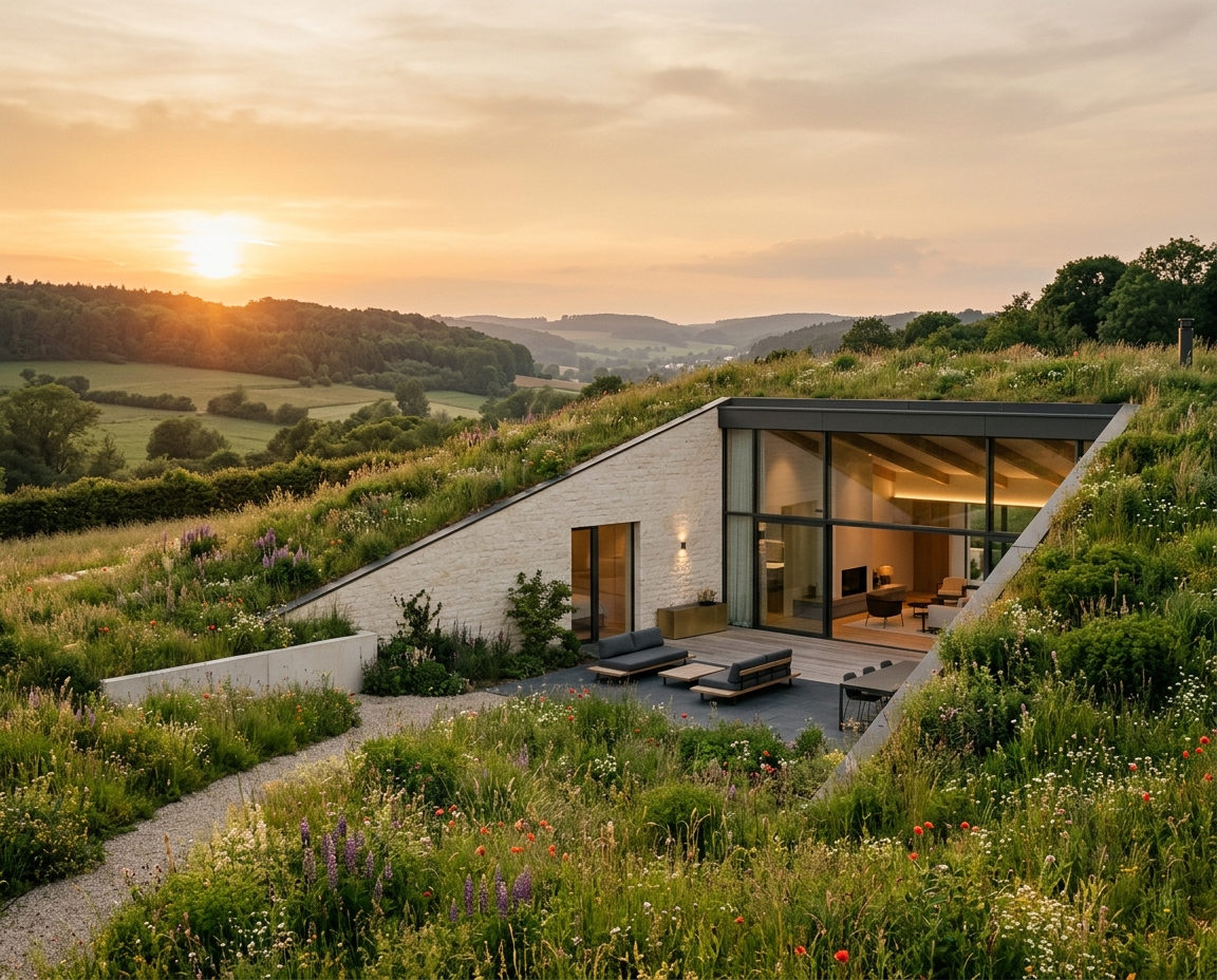 Villa bioclimatique intégrée à flanc de prairie, toiture végétalisée et grandes baies vitrées au couchant