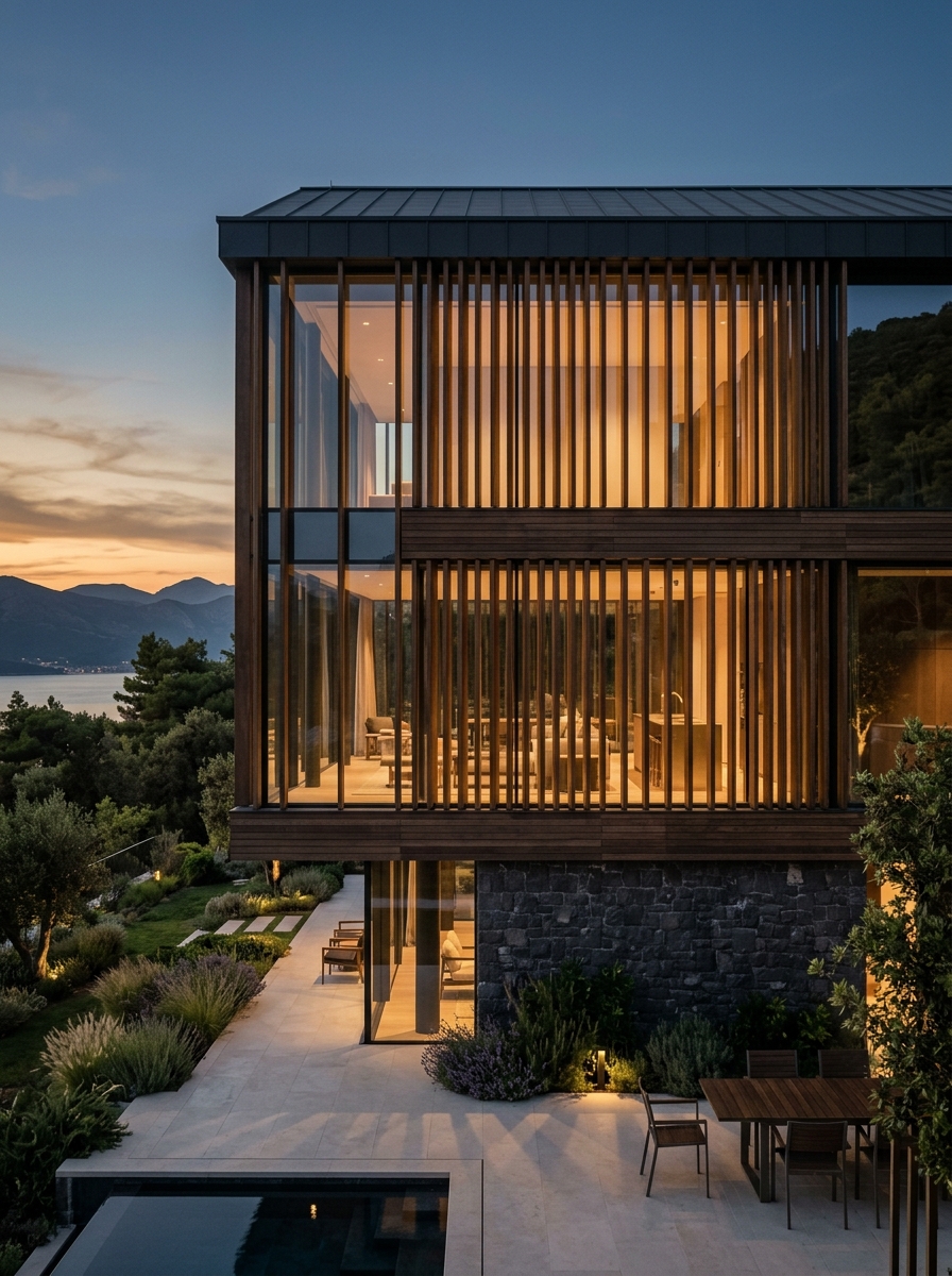 Façade vitrée au crépuscule protégée par des brise-soleil verticaux en chêne fumé