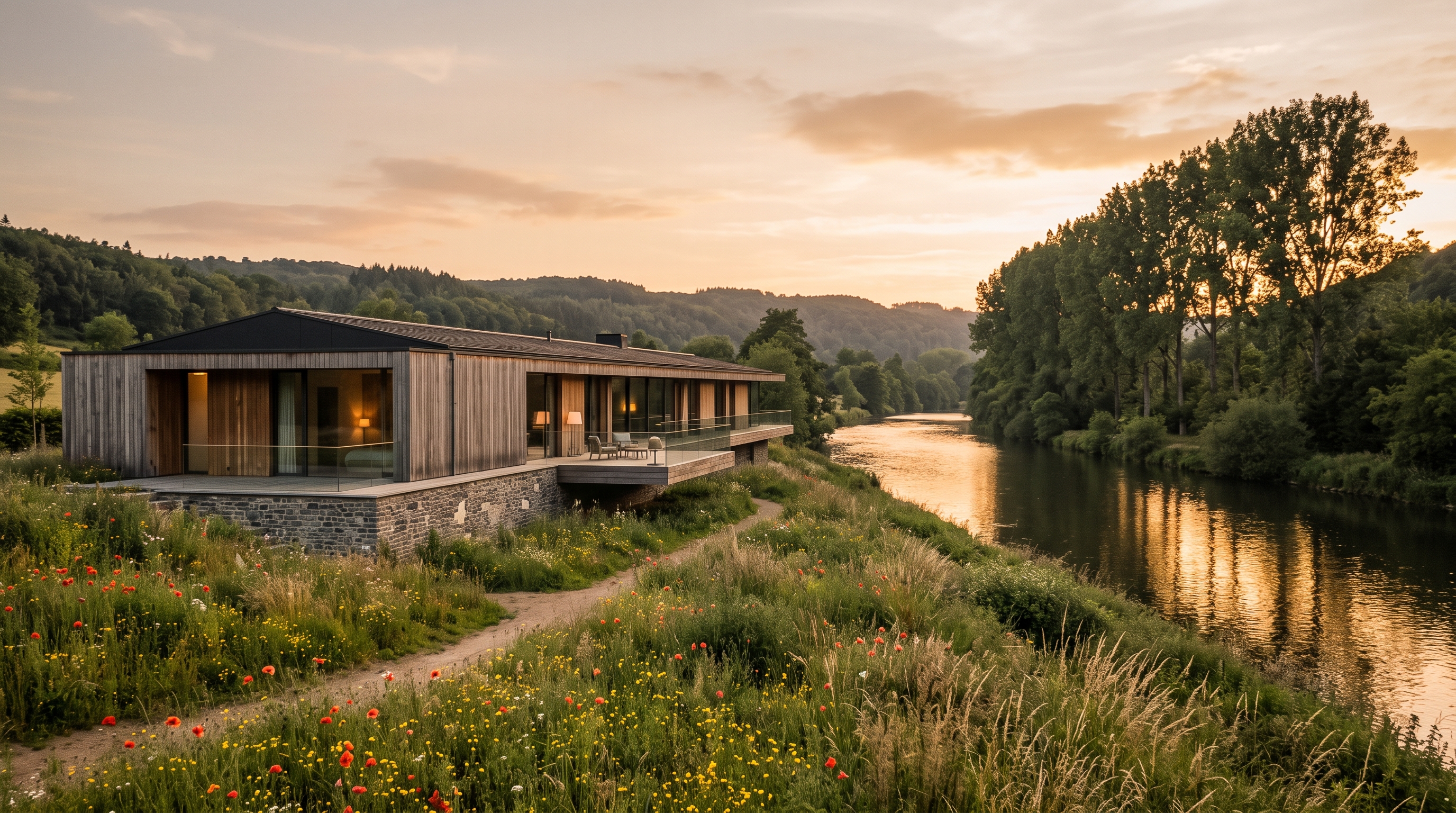 Villa horizontale en bois surélevée sur un socle en pierre, prairie riveraine de la Sûre