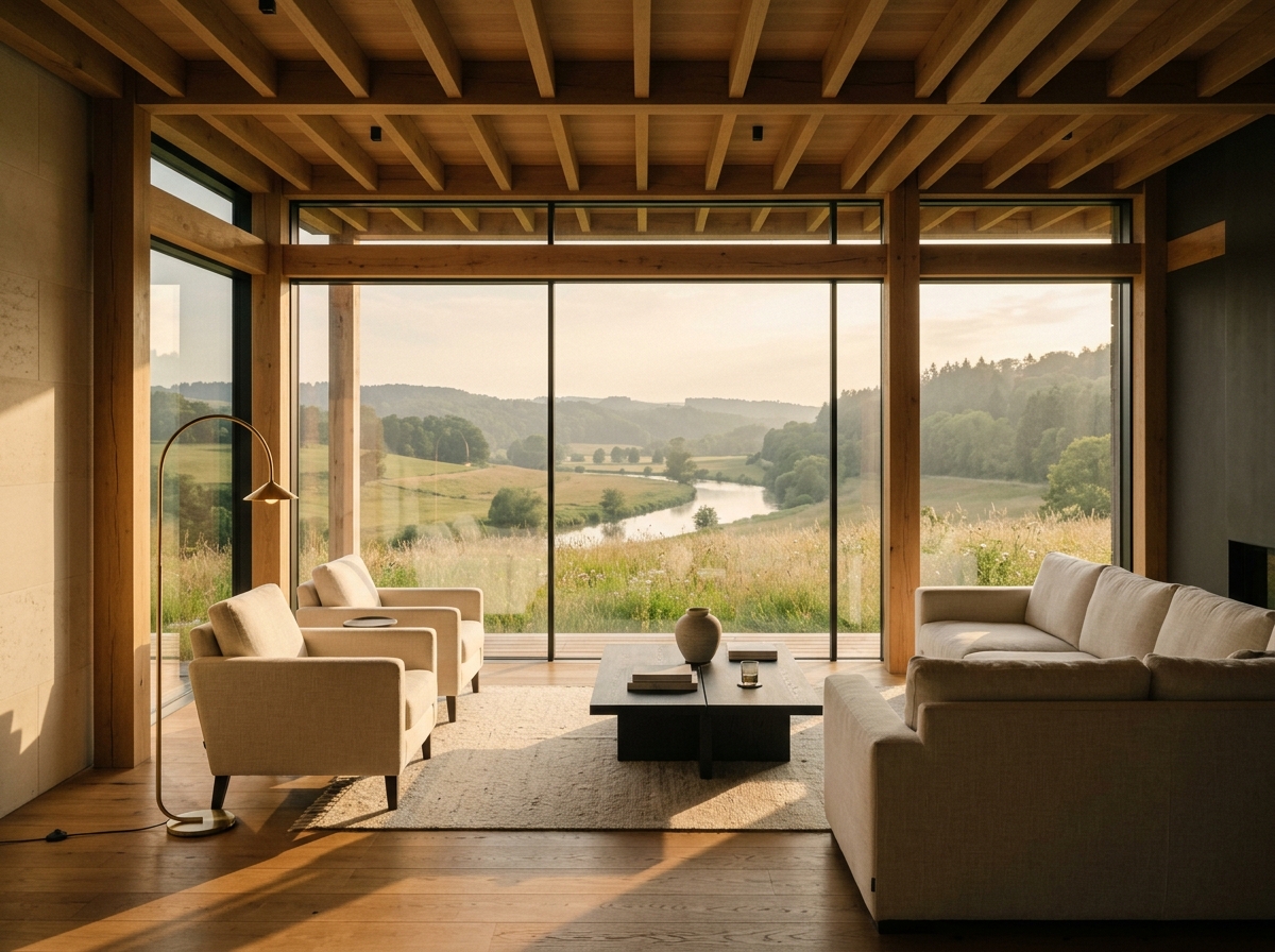 Intérieur de la Villa Rosport, charpente en bois apparente et large vitrage sur la prairie
